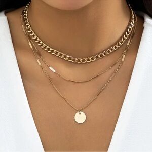 NEW 18K Gold Plated Layered Chain Pendant Necklace